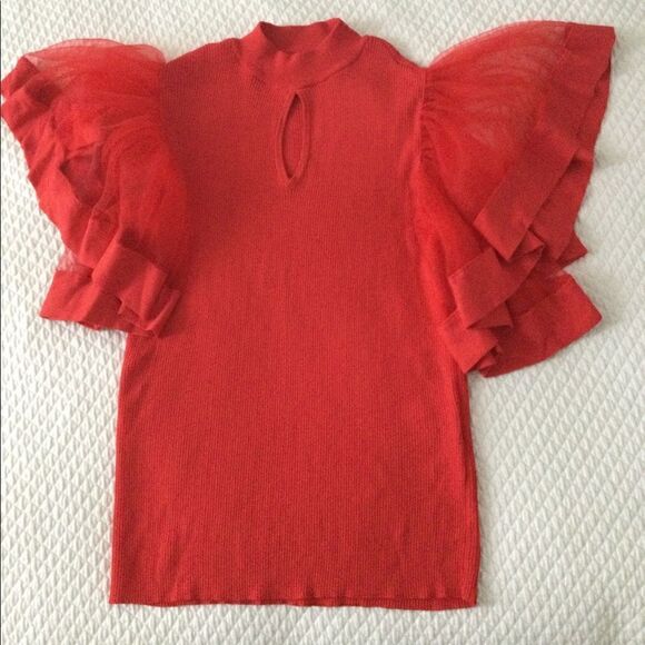 New York & Co L red ribbed ruffle top - Picture 1 of 7